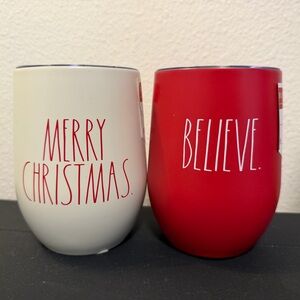 Pair of two Rae Dunn Red and Cream Merry Christmas Travel Wine Cups Believe